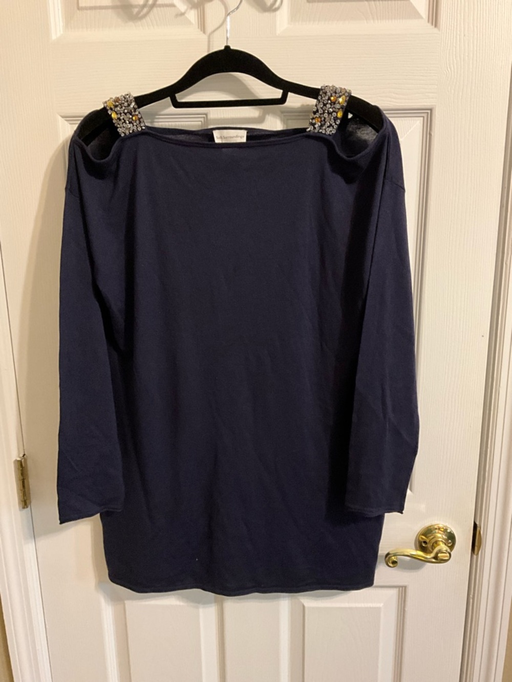 Silk and Cotton Navy Blue Embellished Cold Shoulder Sweater